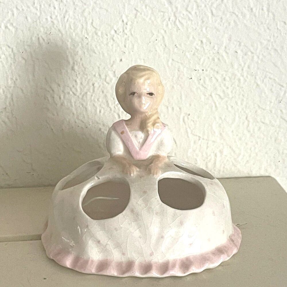 Lipstick Holder Girl in Hoop Dress Pink Polka Dot Ruffle Ceramic Vintage Vanity